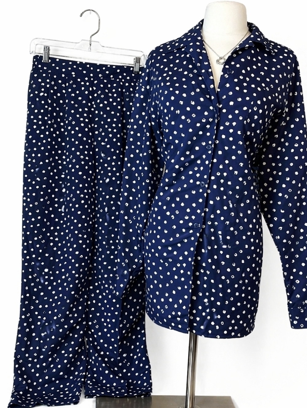 VTG LaRedoute Navy Polka Dot 2-Piece Set Long Sleeve Preppy Office Loungewear M
